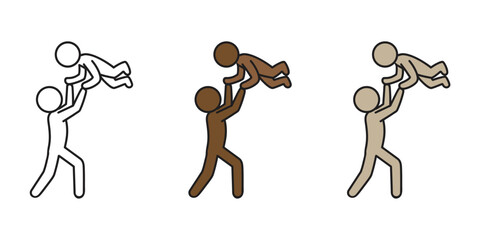 Parenthood and Family Love vector icon. Illustration of a happy father playing with his baby or child, representing care, support, and quality time. Editable and inclusive of different colors.