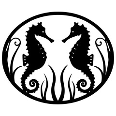 Symmetrical black and white image of two seahorses in an oval frame