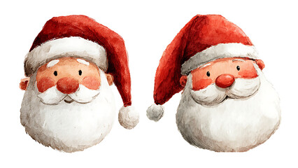 Watercolor Santa Claus head with red hat and white beard.