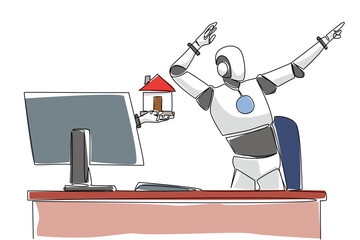 Single one line drawing hand of robot out of monitor screen while holding a miniature house. Design the dream home with AI technology. Things from Screen. Continuous line design graphic illustration