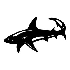 Monochrome image showcases a stylized depiction of a shark in profile view