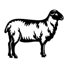 Black and White Silhouette Illustration of a Domesticated Sheep Standing Side View