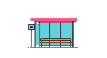 Colorful Cartoon Bus Stop with Bench and Sign.