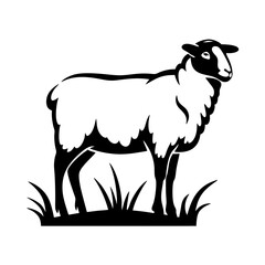 Monochrome illustration of a sheep standing on grass, isolated on white background
