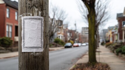 A High Resolution image of torn flyer on a telephone pole in a residential neighborhood in winter.