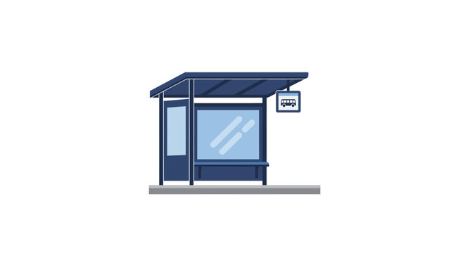 Blue Bus Stop Shelter with Sign and Bench.