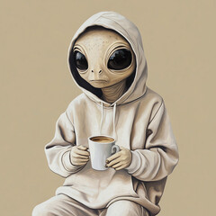 Alien in hoodie holding a cup of coffee
