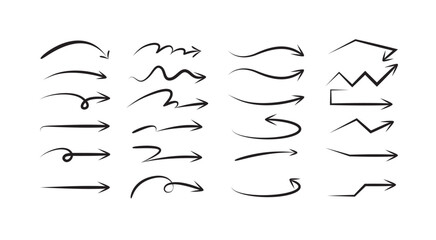 Set of simple lines hand drawn black arrows in various style.