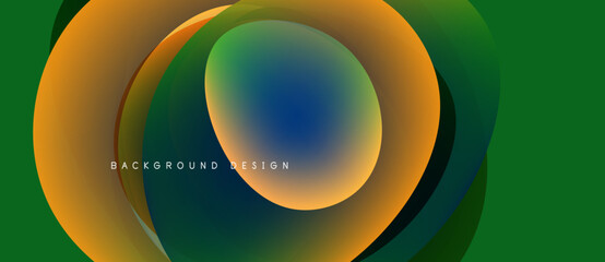Abstract layers overlap, creating vibrant circular design. Colors blendorange, green, blueforming dynamic visual effect. Text reads background design.