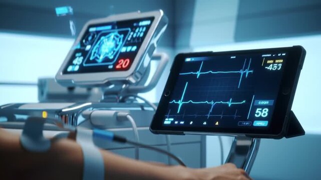 Medical Patient Examination Room Featuring Modern Monitor Displays With EKG Waveforms