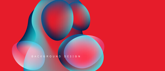 Abstract colorful bubbles overlap red backdrop. Modern design elements create dynamic visual impact. Smooth gradients enhance aesthetic appeal.