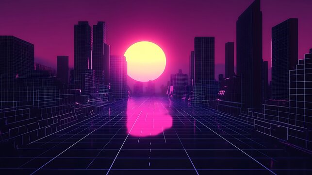 Retro city at sunset a vibrant cityscape with neon lights and a glowing sun evokes a sense of nostalgia and futuristic charm