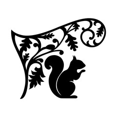 Silhouette of Squirrel and Ornamental Branch Design on White Background
