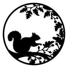 Silhouette of a squirrel on a branch within a circular frame