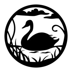 Monochrome silhouette of a swan on water with reeds and clouds in circle