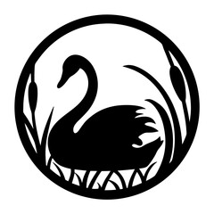 Elegant Silhouette of a Swan Surrounded by Reeds in a Circular Frame