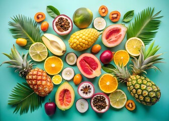 Vibrant assortment of fresh tropical fruits and palm leaves artfully arranged on a bright turquoise background