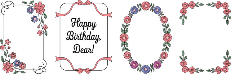 Set of vintage floral decorative frames with roses, ribbons, blossoms, hand drawn wreaths, romantic border design, greeting card template ©  Creative vectors