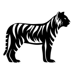 Black and white vector silhouette of a tiger standing gracefully still