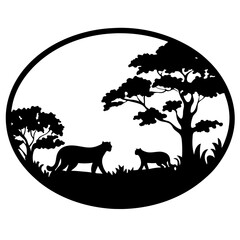 Silhouette Illustration of a Jaguar Family in an African Landscape Circle
