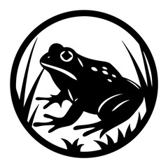 Black silhouette of a frog surrounded by tall grass in circle