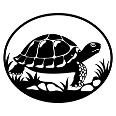 Black and White Silhouette Image of a Turtle in an Oval Frame