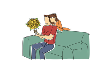 Continuous one line drawing a man sitting on a sofa holding bouquet of flowers. Flirtation on wedding anniversary. Young couple. Loving. Blossom. Surprise. Single line draw design vector illustration