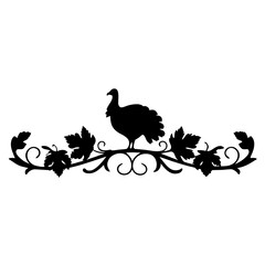 Silhouette of a turkey perched upon a vine adorned with leaves