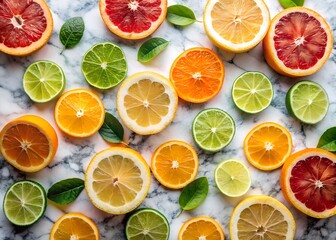 Obraz premium A vibrant overhead view of assorted citrus fruits including oranges, lemons, limes, and grapefruits, artfully arranged on a marble surface