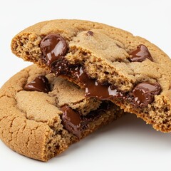 Delicious Chocolate Chip Cookie, Golden Brown, with Melted Chocolate on White Background