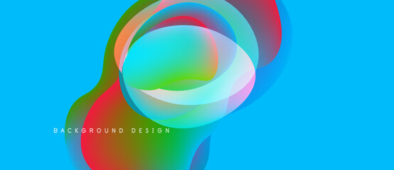 Abstract colorful design. Flowing shapes overlap, creating vibrant visual effect. Bright blue background complements dynamic composition.