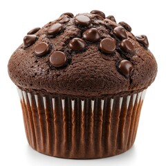 Chocolate Muffin Topped with Chips in Paper Cup on White