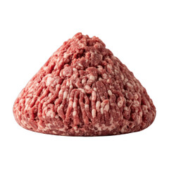 Raw, fresh ground meat mound, reddish-pink with white fat specks, isolated on a black