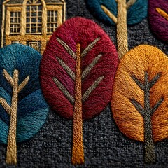 A detailed embroidery artwork featuring colorful trees and a charming building. Perfect for showcasing creativity and textile design in art projects or fashion.