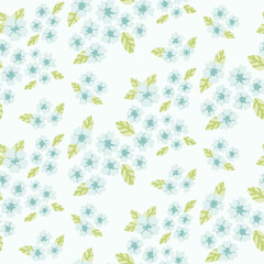 Mint cherry blossom seamless pattern, hand-drawn sakura flowers in soft green tones