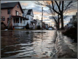 Flooded Street After Rainstorm in a Suburban Neighborhood at Sunset, Water Reflecting Sky and Houses, Low Angle Perspective, Moody and Atmospheric