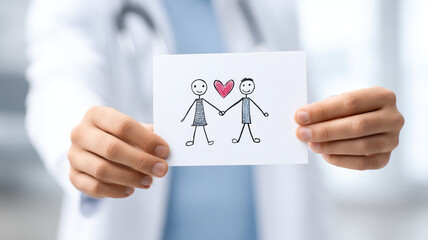 Doctor hand holding drawing stick figure couple heart love support relationship care healthcare compassion happiness emotional