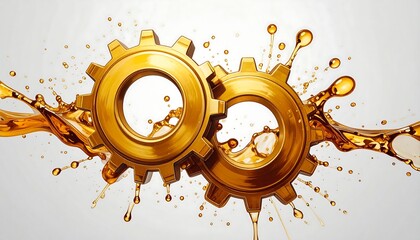 Golden Gears Interacting with Oil Splashes on a White Background
