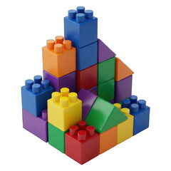 Rendered image of diverse, colorful, interlocking plastic building bricks forming a structure