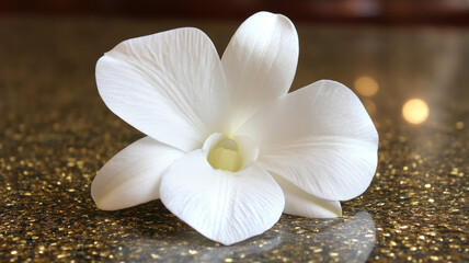 White orchid petal delicate texture single flower soft lighting elegant bloom natural beauty peaceful mood closeup detail gold glitter background serene atmosphere