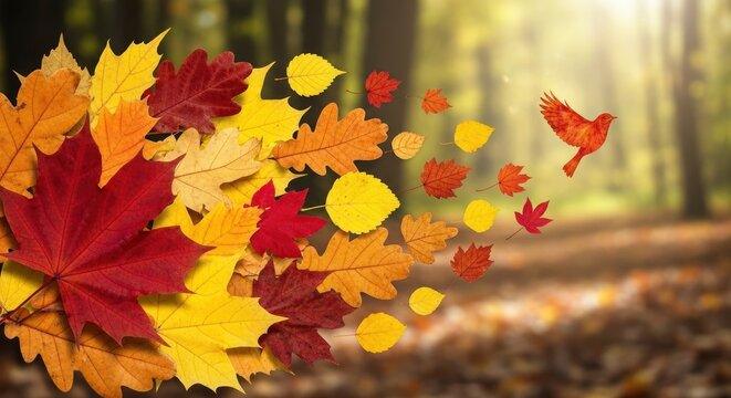 Vibrant autumn leaves in red, orange, and yellow with a flying leaf-bird against a blurred sunlit forest background.