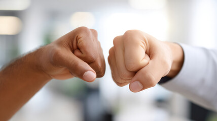 Fist bump teamwork cooperation success unity support partnership motivation encouragement office gesture two hands meeting friendly positive way close up