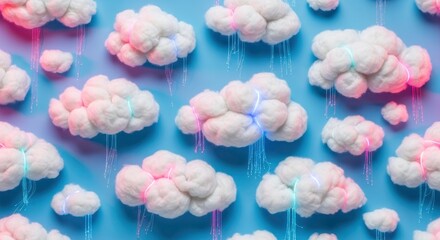 Fototapeta premium Abstract background of fluffy white clouds with vibrant neon lights and glowing fiber optic rain on a blue sky.