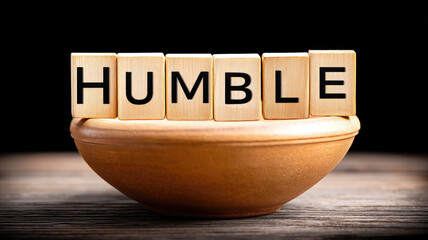 Humble wooden block letter word round wooden bowl, rustic table, dark background, simplicity calm mood, concept of modesty humility daily life