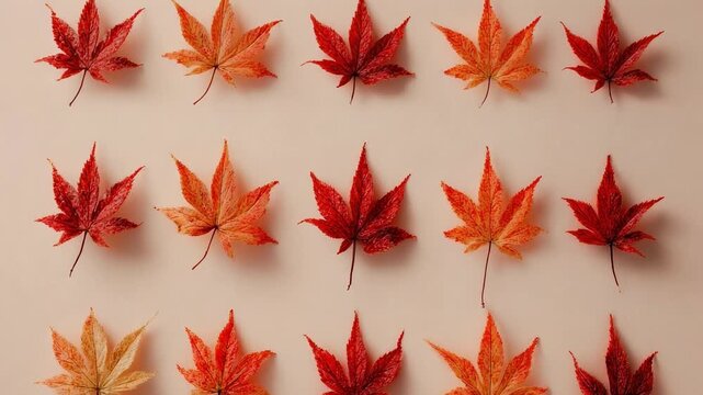 Rows of red, orange, and yellow maple leaves neatly arranged in a grid on a light background.