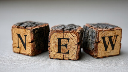 New wooden block rustic natural textured brown letter alphabet wood rough organic creative education learning timber bark surface vintage handmade craft design isolated closeup concept word