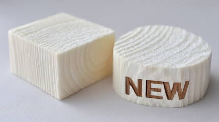 Pristine freshly cut wooden block round piece NEW text engraved, smooth texture, natural color, minimalistic style, modern, clean, isolated white background