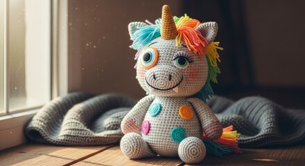 Charming handmade crochet unicorn toy with colorful mane and spots, sitting by a sunny window with dust motes.