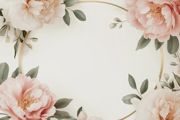 Elegant Peony Floral Frame with Gold Circle and Soft Pastel Background