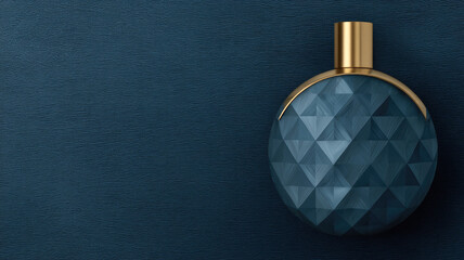 Dark blue geometric perfume bottle gold cap, elegant luxury design, textured background, modern style, sophisticated stylish mood, suitable beauty fashion concept